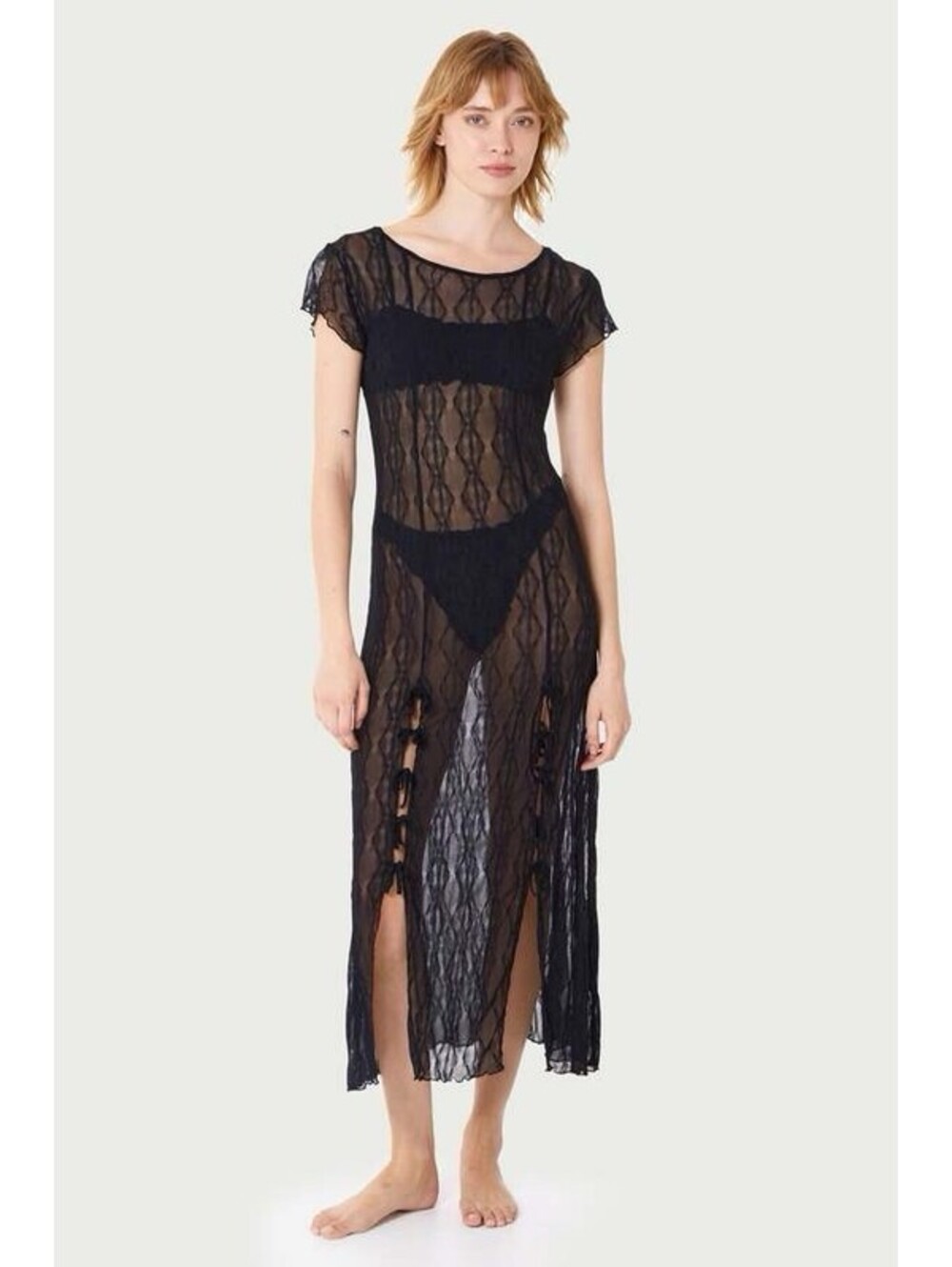 NWOT Find Me Now Second Skin Black Sheer Tassel Bow Slit Maxi Dress Size XS